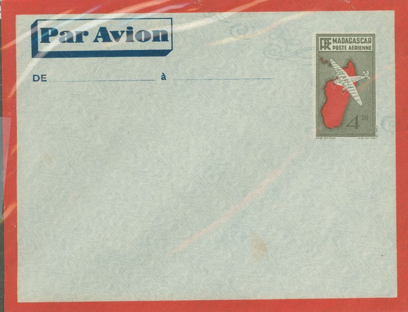 Madagascar (British Consular & Inland Mail)  1936 4.50fr black gray & red envelope, flap not stuck, faint mark at lower left