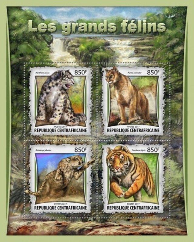 Central Africa - 2017 Big Cats on Stamps - 4 Stamp Sheet - CA17008a