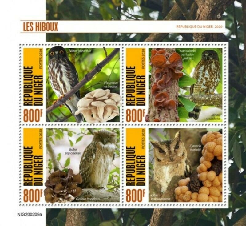 Niger - 2020 Owls and Mushrooms - 4 Stamp Sheet - NIG200209a