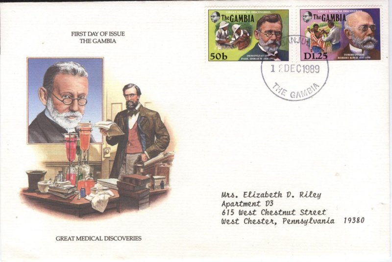 Gambia 909 & 912 (fdc) 50b Paul Ehrlich & 1.25d Robert Koch (1989)