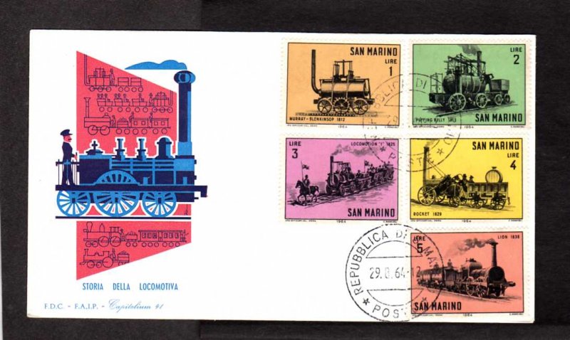 Repubblica San Marino Locomotives Railroad Train FDC First Day Stamp Cover 1964