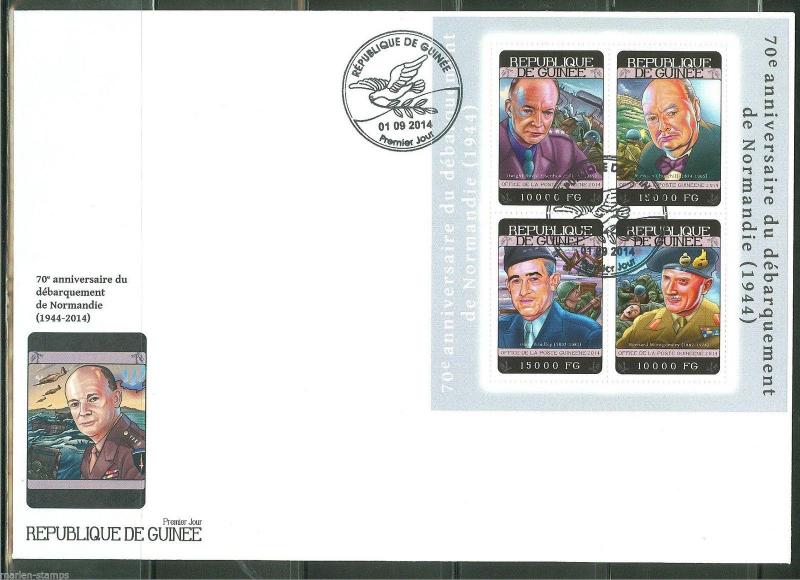 GUINEA 2014 70th ANNI OF THE INVASION OF NORMANDY EISENHOWER CHURCHILL SHT FDC