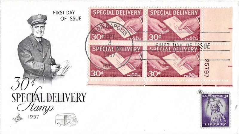 #E21 FDC, 30c Special Delivery, Art Craft cachet, plate block of 4