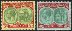 ST KITTS NEVIS 1920 KGV BADGE 5/- AND 10/- WMK MULTI CROWN CA