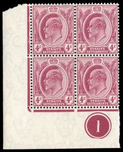 Straits Settlements #112 Cat$26+ (for hinged), 1908 4c dull violet, plate num...