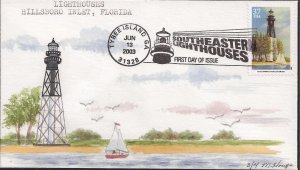 Marvel Houge Hand Painted FDC for the 2003 Hillsboro Inlet Lighthouse Stamp