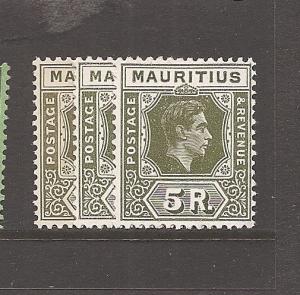 Mauritius KGVI 5R x 3 printings 5 May 38, Apr 43, Apr 48 MOG (5avv)