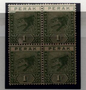 Perak 1892 Tiger Issue Fine Mint Unused No Gum Block of 4 1c. 117676