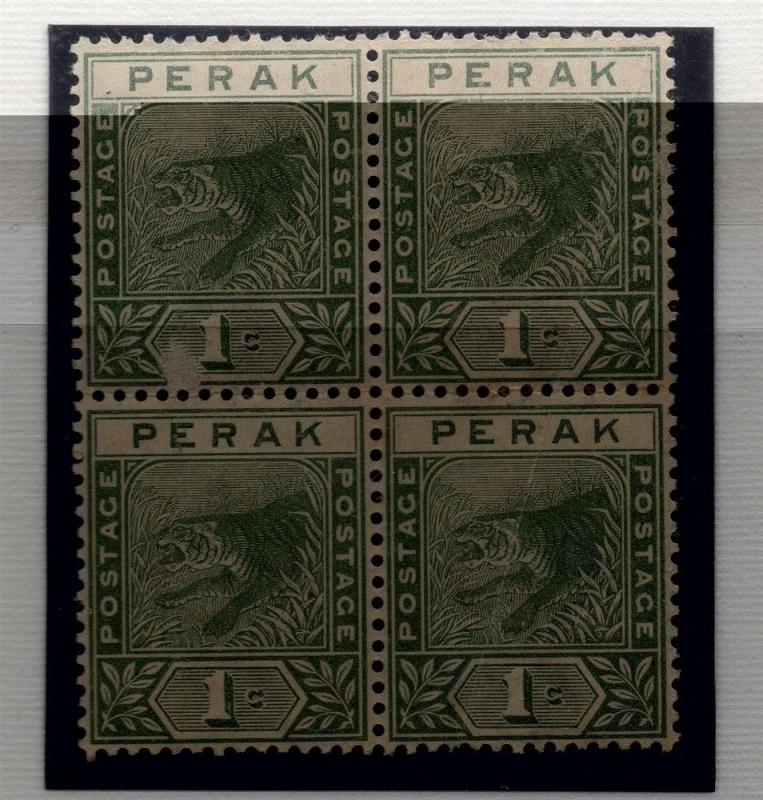 Perak 1892 Tiger Issue Fine Mint Unused No Gum Block of 4 1c. 117676