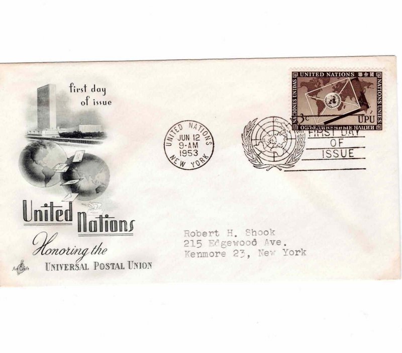 United Nations 1953 FDC Sc 17 Universal Postal Union UN First Day Cover Artcraft