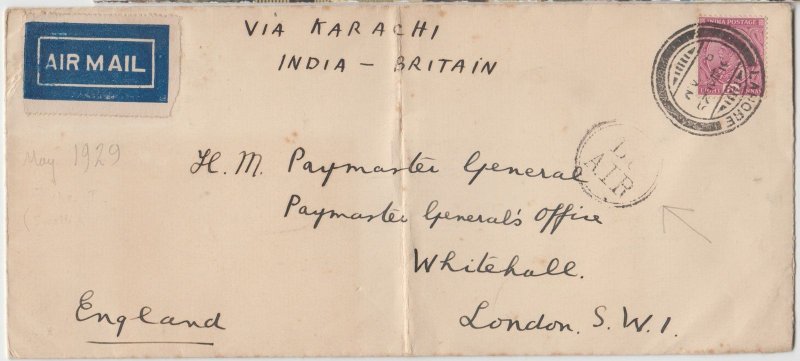INDIA cover postmarked Lahore (Pakistan) 31 March 1929 early airmail to London