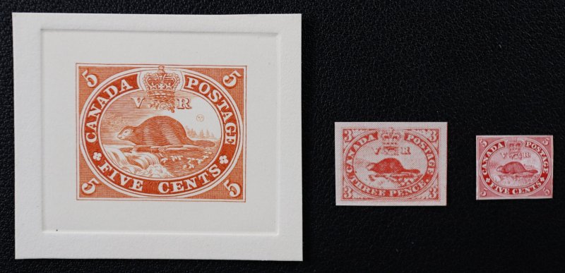 Large Imitation Die Proof Canada Five Cent Beaver Stamp Set of 3 Red/Brown