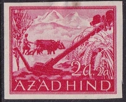 Azad Hind Mi IIb (mh imperf., spot on face) 2a+2a ploughing farmer, crim (1943)
