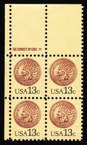 US 1734 MNH VF 13 Cent Indian Head Penny Zip Block of 4