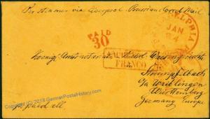 USA 1859 Germany Philadelphia Aachen Stuttgart Transatlantic Mail Cover 75936