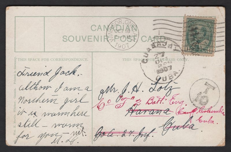 1907 Windsor 2c UPU postcard rate shortpaid to Cuba, T10 postage due, to a so...