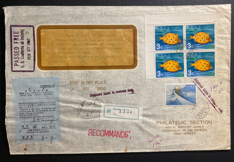 1967 Naha Higashi Ryukyu Island Registered Window cover To Philatelic Section