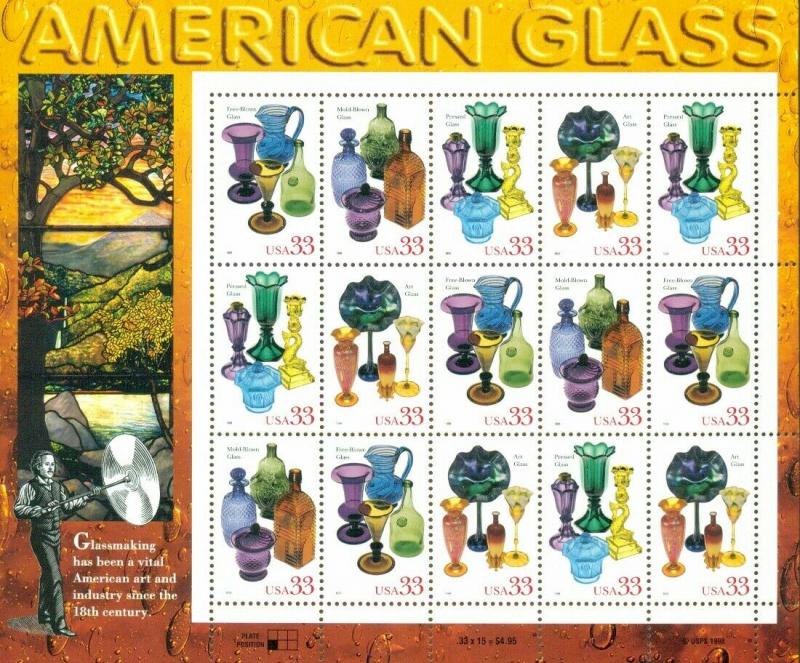 US: 1998 AMERICAN GLASS; Complete Sheet Sc 3325-28; 33 Cents Values