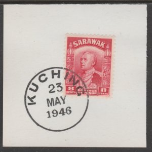 SARAWAK 1934 Sir Charles Brooke  8c carm on piece with MADAME JOSEPH  POSTMARK