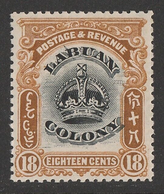 LABUAN 1902 Crown 18c black & brown, variety 'line through B'.