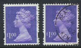 Great Britain SG Y1743 SC# MH279 Machin £1 Used x2  Bluish Violet see phosph...