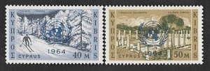 SE)1964 CYPRUS, 2 UN OVERLOADED STAMPS, SKIING AT TROODOS, MNH