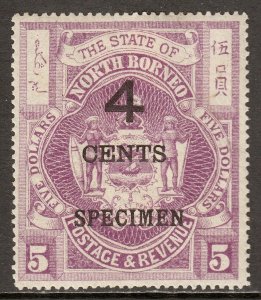 NORTH BORNEO — SCOTT 101as (SG 123s) — 1899 4c ON $5 SPECIMEN — MH — SG £80