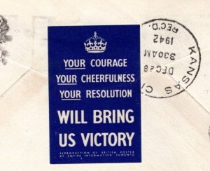 CANADA WW2 Cover *V FOR VICTORY* Propaganda Label Regina USA Kansas 1942 JL145