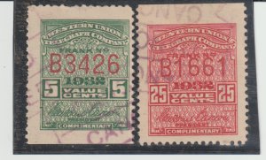 US Scott #16T-81-82 Used Revenue Telegraph Stamps 5 & 25 cent issue 1932