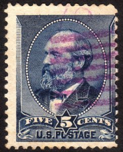 1888, US 5c, Garfield, Used, Purple cancel, Sc 216