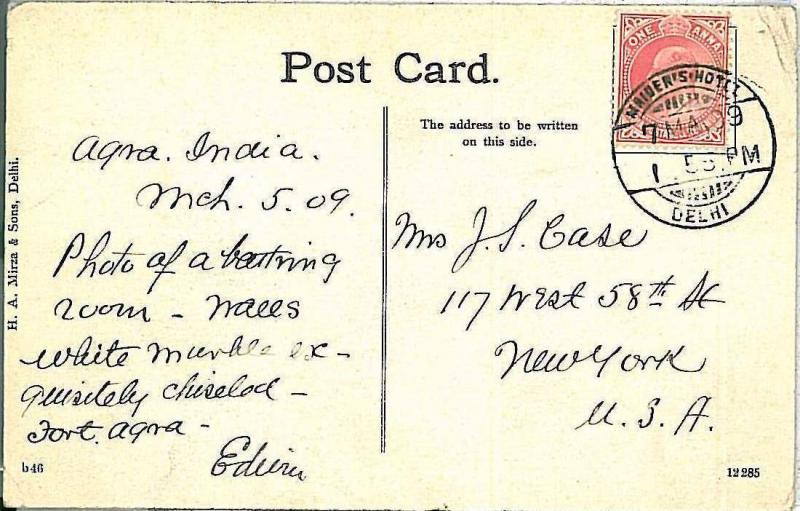 INDIA -  POSTAL HISTORY: POSTCARD with POSTMARK: MAIDEN'S HOTEL - DELHI 1906