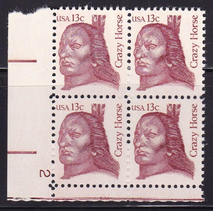 United States 1980 Great Americans 13c Crazy Horse Plate Number Block VF/NH