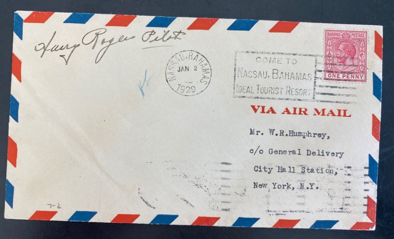 1929 Nassau Bahamas First Flight Airmail Cover FFC To New York USA Pilot Signed 