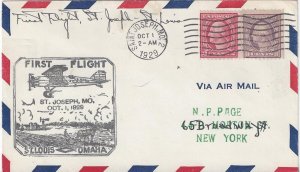 US 1929 FIRST FLIGHT ST JOSEPH MO TO ST LOUIS FRANKED WASHINGTON COILS PERF 10