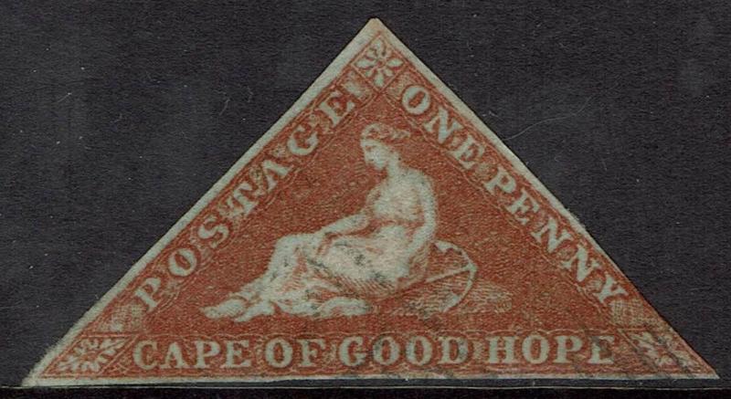 CAPE OF GOOD HOPE 1853 TRIANGLE 1D ON BLUED PAPER USED 