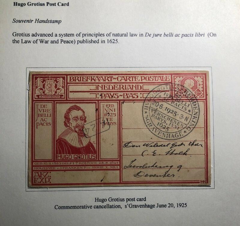 1925 The Hague Netherland Postcard Cover Hugo Grotius Commemorative Cancel