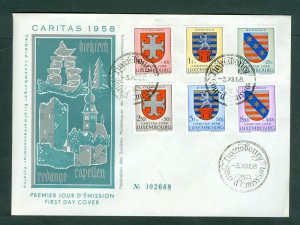 Luxembourg. 1958 FDC. Cachet Caritas. # 002688. Coats of Arms. Sc# B204 - B209