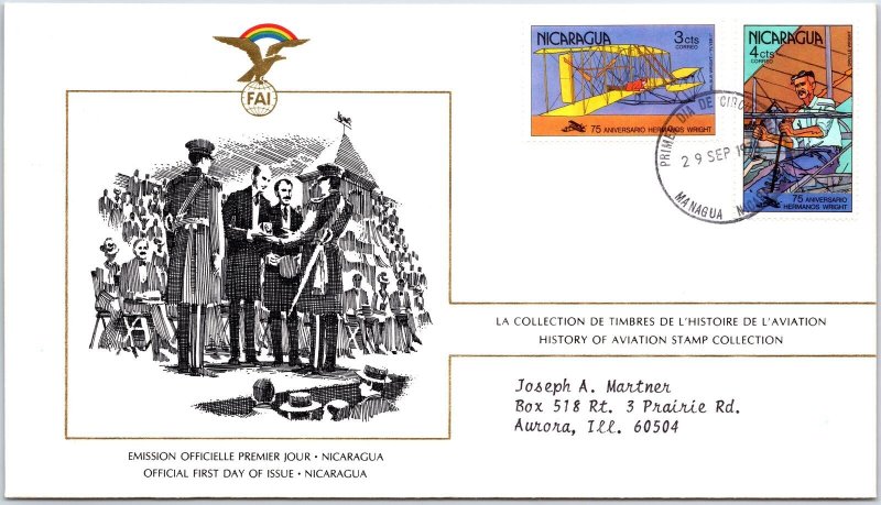 HISTORY OF AVIATION TOPICAL FIRST DAY COVER SERIES 1978 - NICARAGUA 3c & 4c