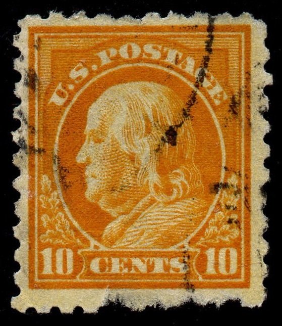 U.S. Scott #433: 1914 10¢ Benjamin Franklin, Used, F/VF, small bottom tear