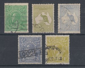 Australia Sc 19/73 used 1915-1929 issues, 5 different singles F-VF