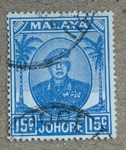 Johore 1949 15c Sultan Ibrahim, used. Scott 140, CV $0.45