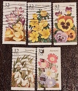 US Scott # 3025-3029; Five used 32c Winter Garden Flowers, 1996; VF centering