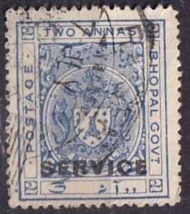India: Bhopal O16 (used) 2a coat of arms, blue (1932)