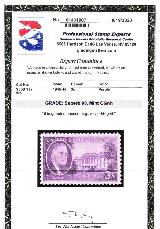 MOstamps- US #932 Mint OG NH Grade 98 with PSE Cert - Lot # MO-4500 SMQ $60