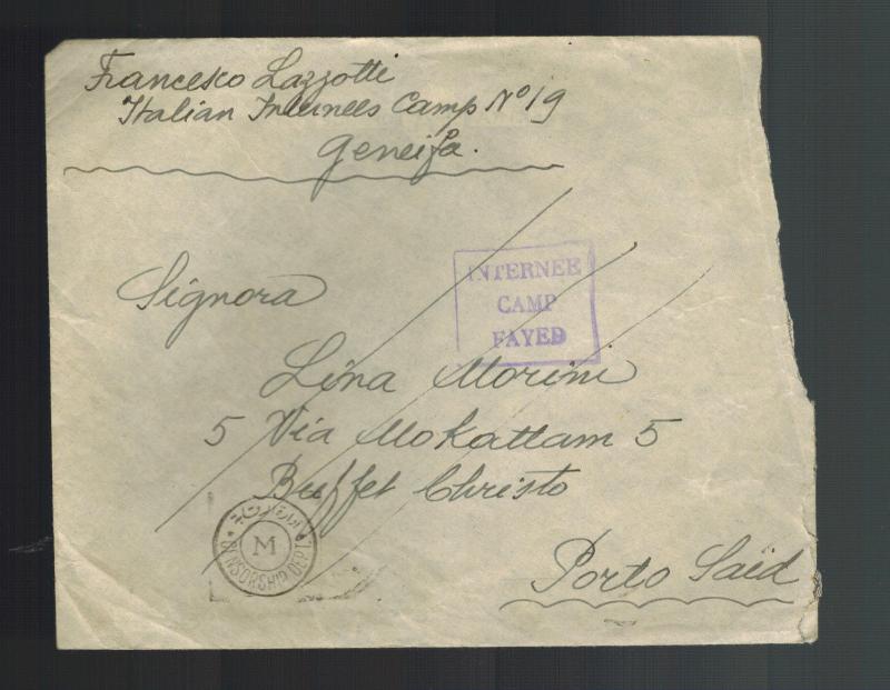 1941 Geneifa Egypt Fayed Italy Internment Camp Stampless Cover to Port Said