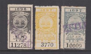 Argentina, Buenos Aires, Forbin 3, 7, 9 used 1896-97 Derecho de Guia Fiscals