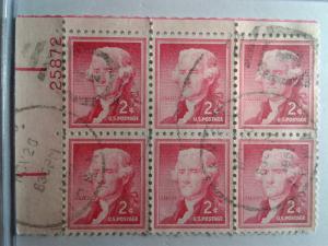 SCOTT # 1033 USED PLATE BLOCK LIBERTY SERIES OF 6 JEFFERSON 1952