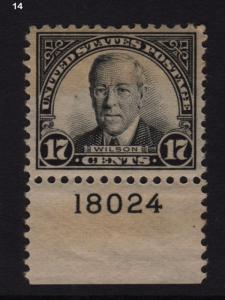 1925 Sc 623 Wilson MNH plate number single, Hebert CV $95