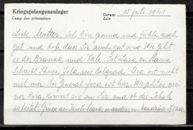 WWII German occupation of Serbia 1941 ☀ POW postcard to Nish