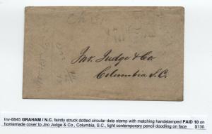 1860s Graham NC confederate dotted CDS stampless weak marking [4723.96]